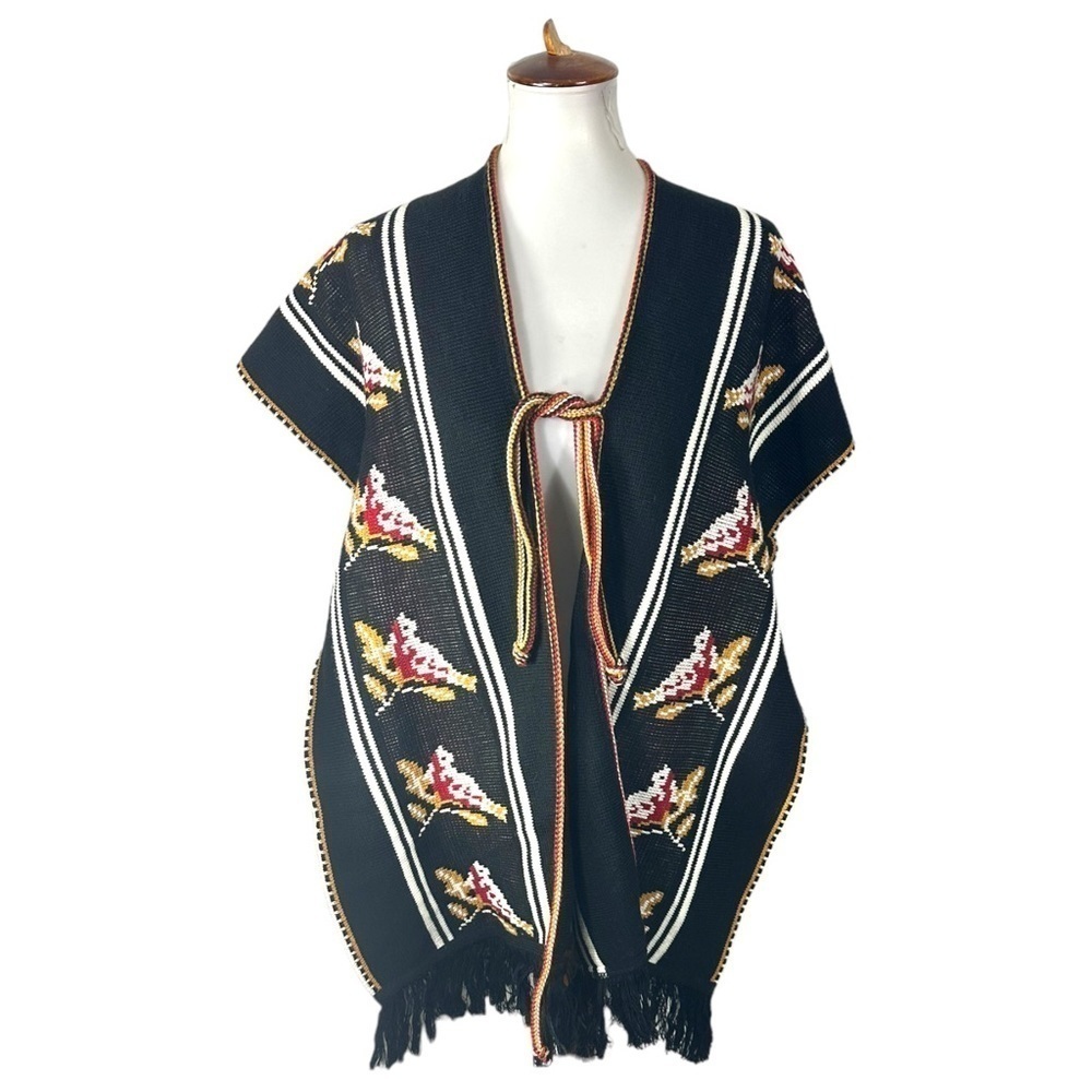 Peruvian Serape Poncho Front Tie Bird Print Boho
